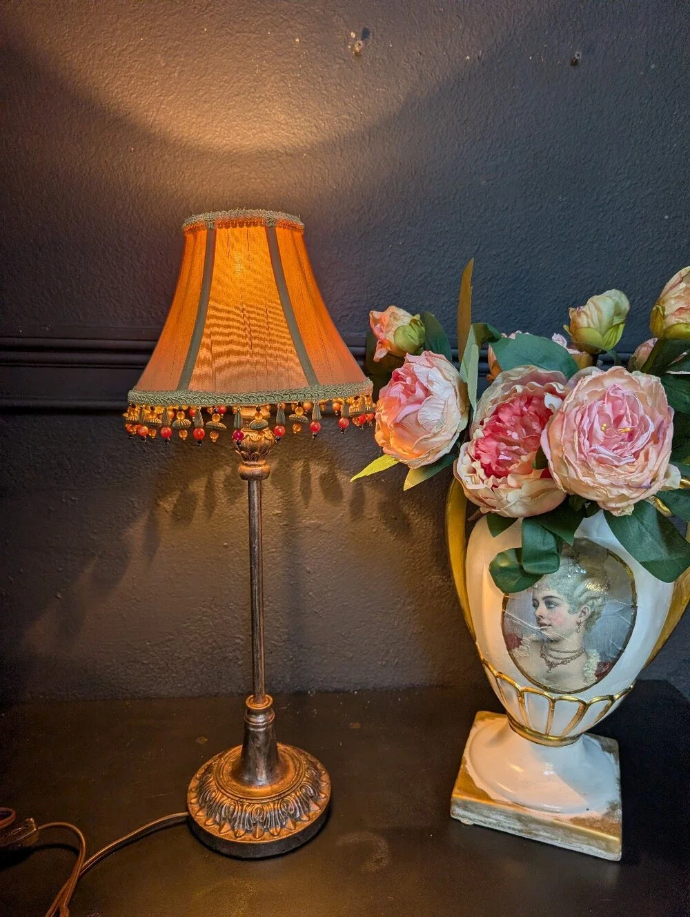 Vintage Petite Hollywood Regency Boudoir Lamp, Rose Gold Ornate base, Bead Shad